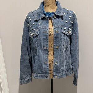 Stylish Blue Pearl-Studded Jean Jacket